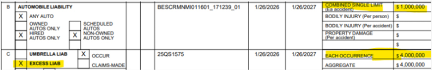COI liability limit sample